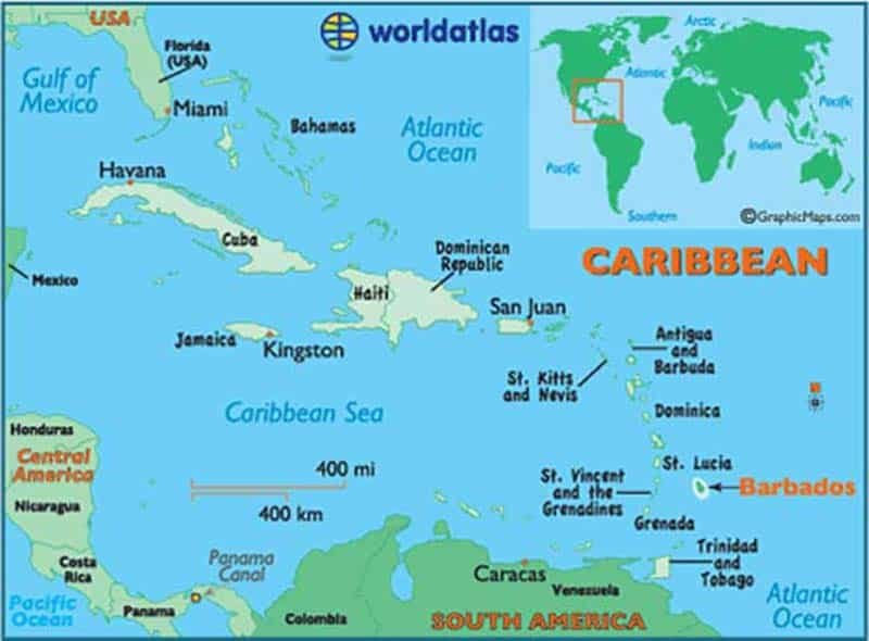 Map showing Barbados in the Caribbean