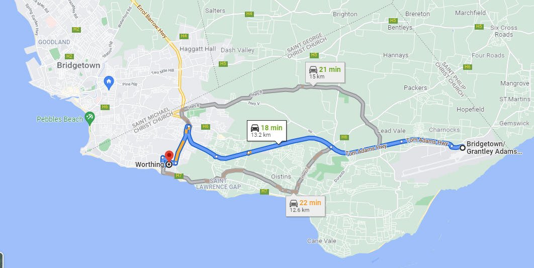 Map direction from GAIA to Worthing Barbados