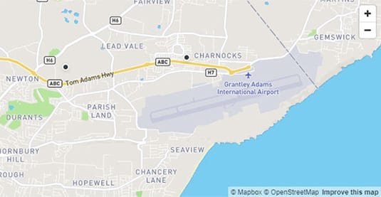 Map showing Airport Car Rental Locations In Barbados
