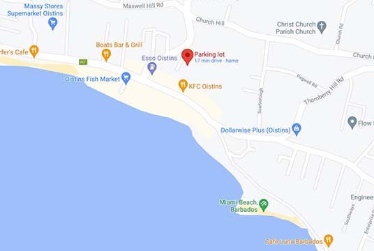 Map showing free car park in Oistins Barbados