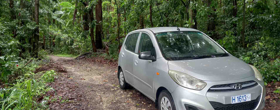 Hyundai i10 parked at Barbados Coco Hill Forest