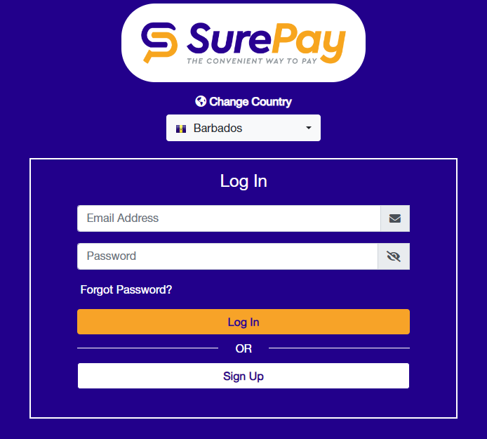 SurePay Barbados online payment portal login screen