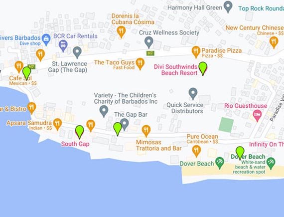 map markers for hotels in Saint Lawrence Gap Barbados