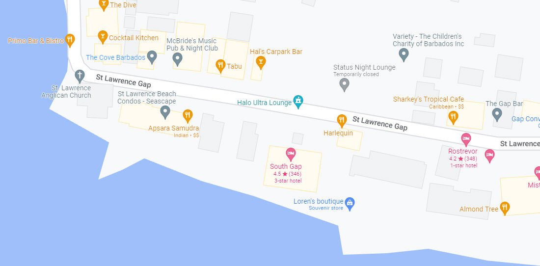 map markers for restaurant locations in Saint Lawrence Gap Barbados
