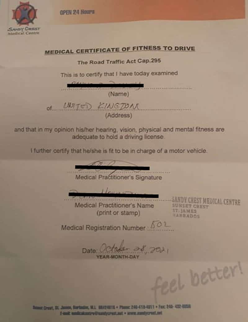 Medical Certificate of Fitness to Drive in Barbados
