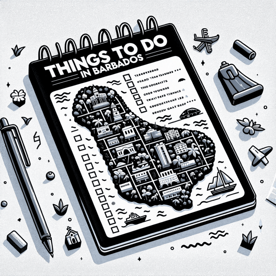 Illustrated checklist titled 'Things to Do in Barbados' featuring iconic attractions and activities with a notepad, pen, and travel-related doodles