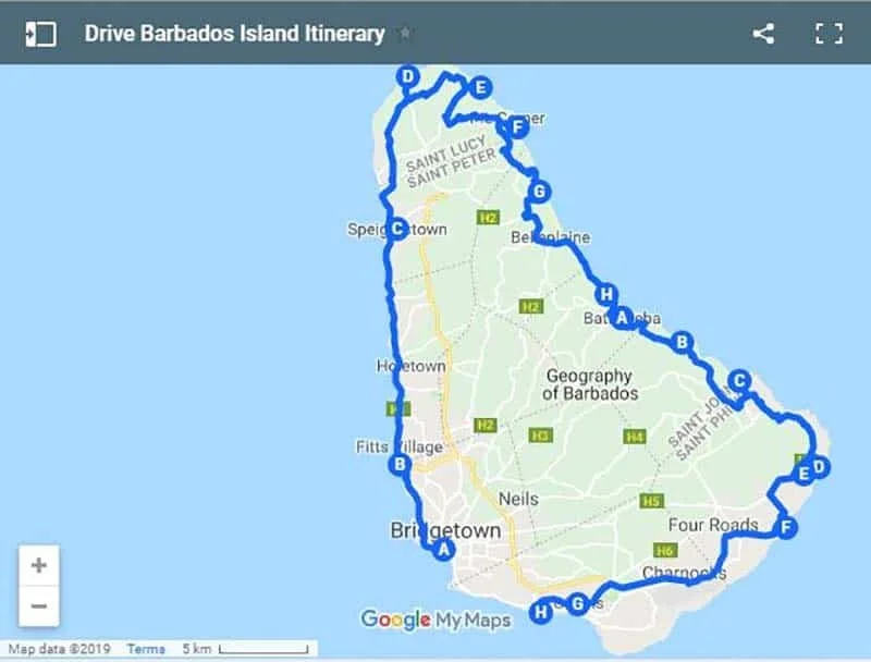 Map of Barbados with a highlighted route for an island road trip