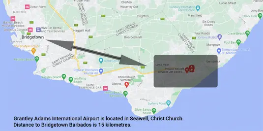 Grantley Adams International Airport location distance to Bridgetown Barbados