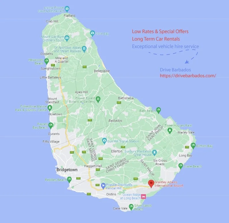 Map of Barbados Grantley Adams International Airport highlighted