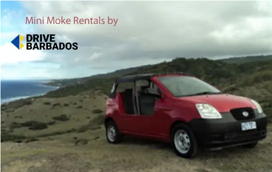 parked red color mini moke for hire by Drive Barbados