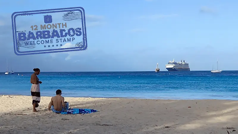 Tourists relaxing on Brandons Beach in Bridgetown, Barbados, with cruise ship in the distance. Showing stamp - 12 month Barbados welcome stamp visa