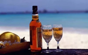 Chilled bottle of wine with two glasses on a beachfront with a serene ocean backdrop