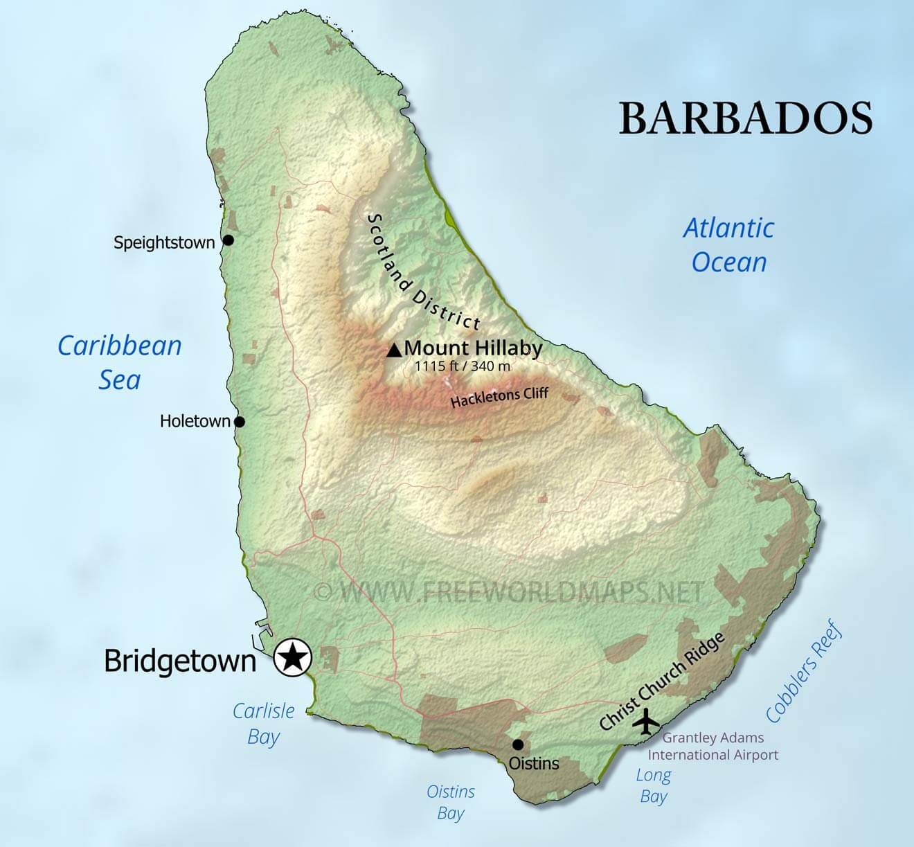 Map of Barbados showing major cites and Bridgetown airport