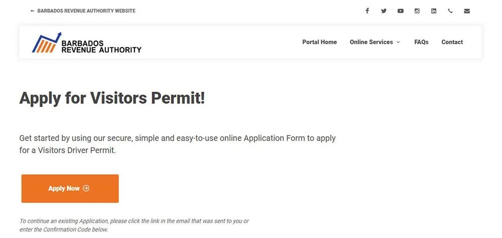 Barbados Revenue Authority Apply for Visitors Permit Page