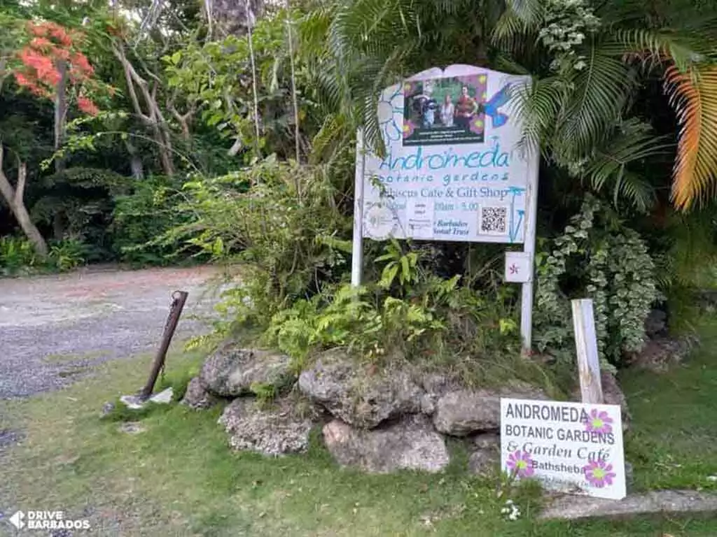 Entrance sign of Andromeda Botanic Gardens with lush greenery in Bathsheba, St. Joseph, Barbados