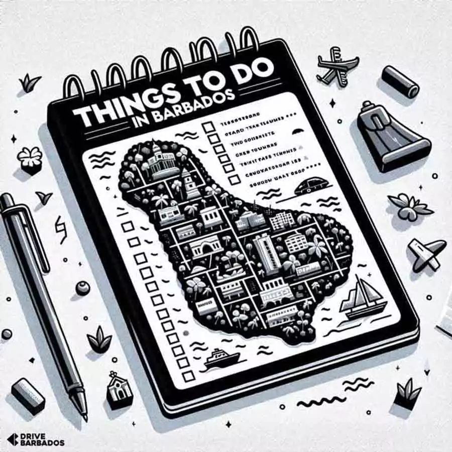 Illustrated checklist titled 'Things to Do in Barbados' featuring iconic attractions and activities with a notepad, pen, and travel-related doodles