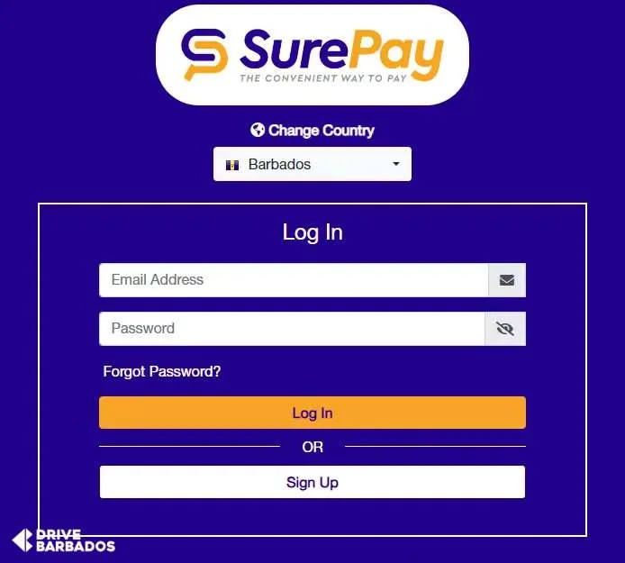 SurePay Barbados online payment portal login screen