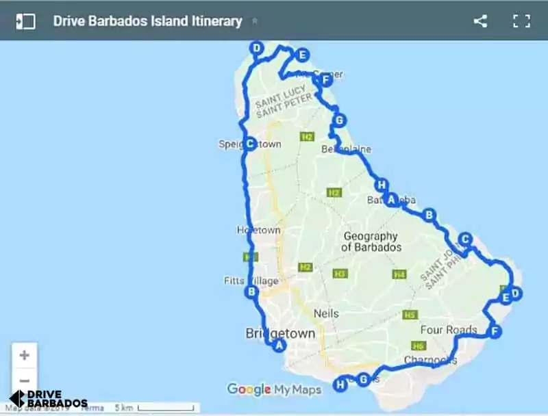 Map of Barbados with a highlighted route for an island road trip