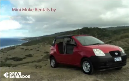 parked red color mini moke for hire by Drive Barbados