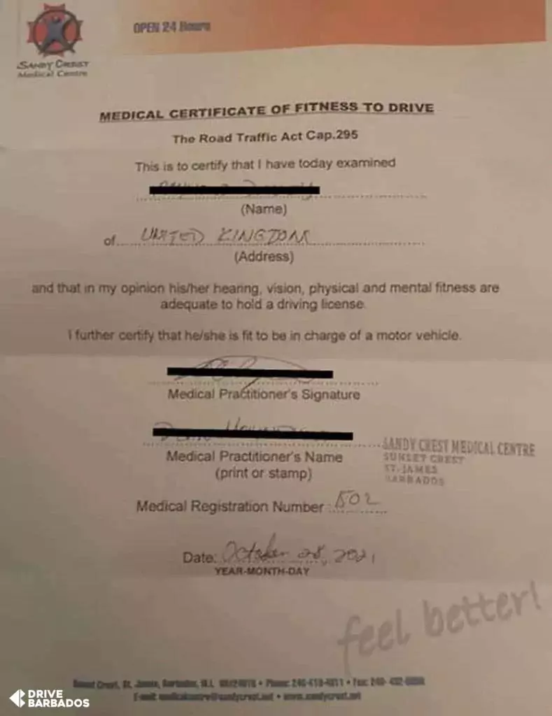 Medical Certificate of Fitness to Drive in Barbados