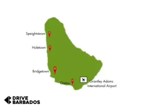 Map highlighting car rental locations served by drive barbados in speightstown, holetown, bridgetown, oistins, and near grantley adams international airport