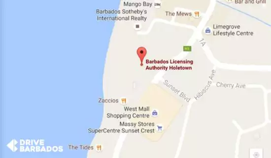 Map showing Barbados licensing Authority Holetown Public Centre