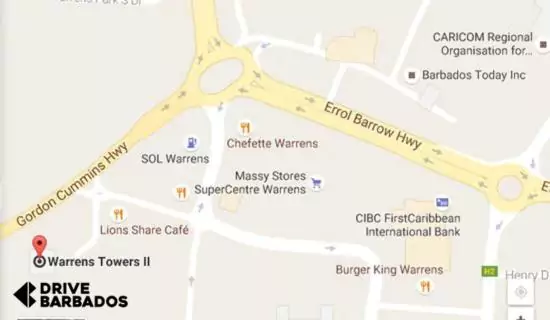 Map showing Barbados licensing Authority Warrens Tower 11