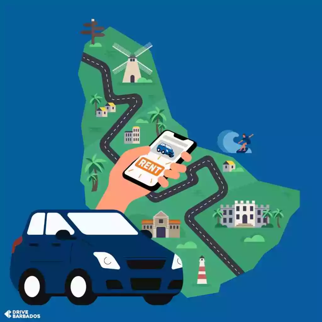 Short term car rental in barbados - on island map illustration , a rental and a person holding a mobile phone