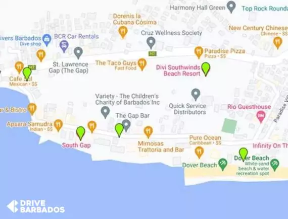 Map markers for hotels in Saint Lawrence Gap Barbados