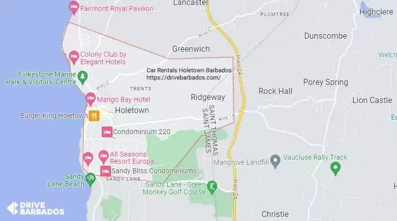 Drive Barbados Service Area – Holetown Map of Holetown, Barbados showing nearby hotels and Drive Barbados car rental service area.