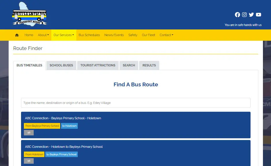 image showing Barbados Transport Board website's Route Finder and timetable tool.