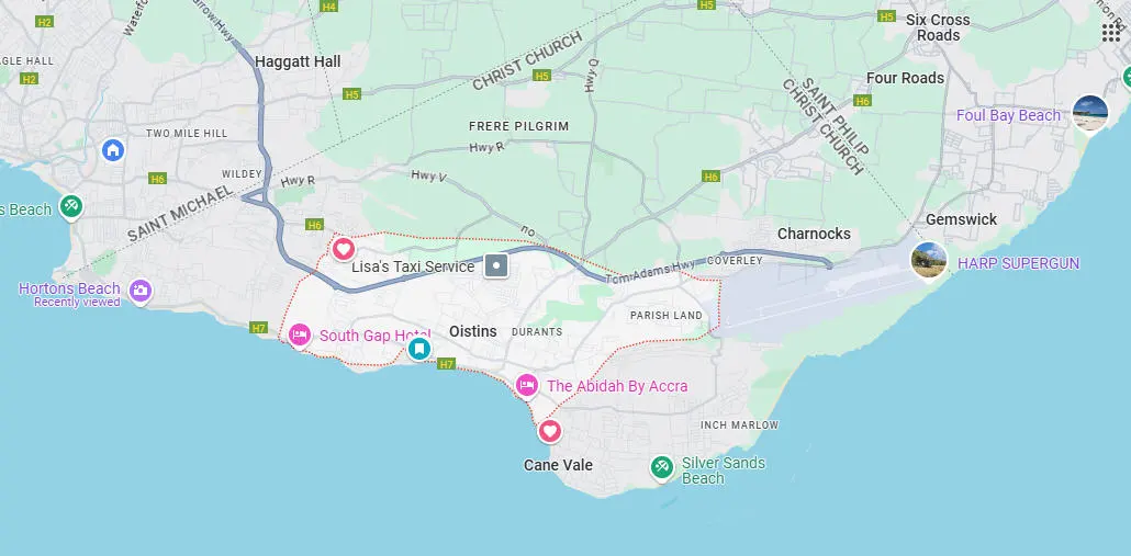 Map of Oistins, Christ Church Barbados showing areas served by Drive Barbados car rental