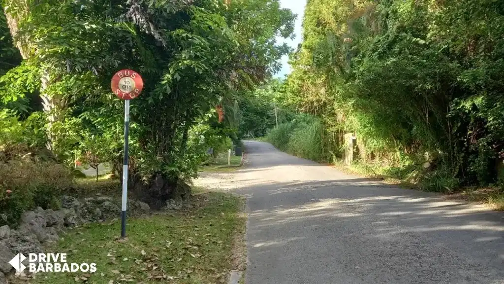 Rural bus stop sign in Barbados surrounded by lush greenery.